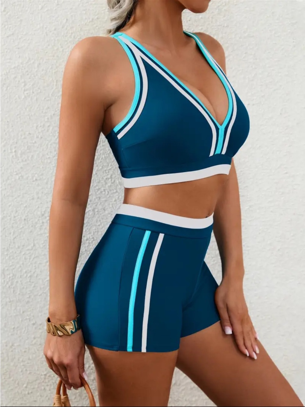 Women’s Teal Two-Piece Sport Swim Set with Contrast Stripes